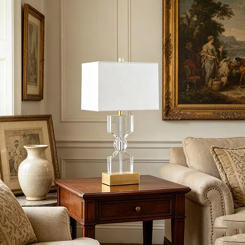 Glamorous Simple Iron Crystal Fabric Shade Square Table Lamp Modern Sculptural Accent Light for Bedroom Living Room Office Home