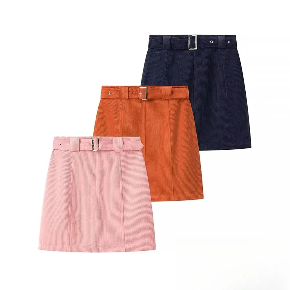 

KONDALA Women Casual Pink Orange Navy Blue Corduroy Skirt Women's Sexy Mini Skirt New 2025 Spring Autumn Fashion Romantic Skirt