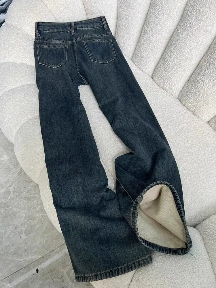 Korean Design Velvet Lined Straight Jeans Women Casual Vintage High Waist Wide Leg Denim Pants Winter Warm Snow Wear Vaqueros