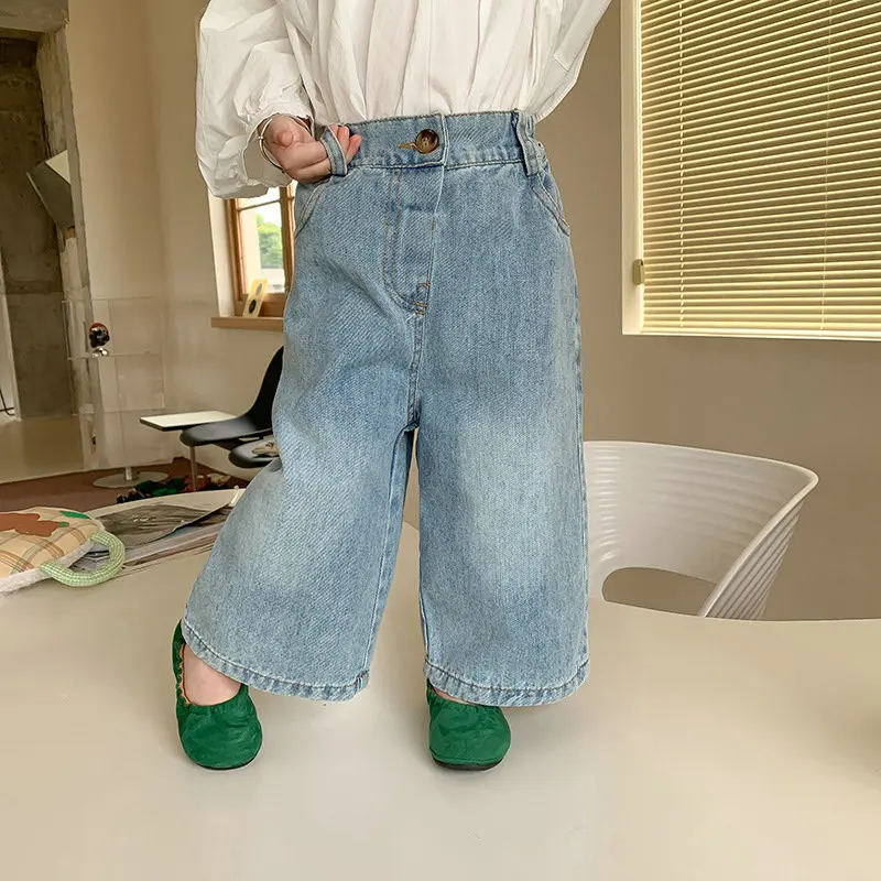 

Girls Jeans Fashion Sky Blue Loose Denim Trousers Spring Autumn Kids Clothing 2 3 4 5 6 7 8 Years Elastic Waist Wide Leg Pants