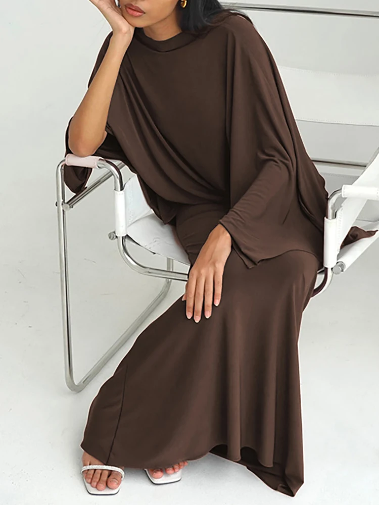 Media falda de cola de pez de manga larga, conjunto informal de comodidad diaria para el hogar, conjunto de falda holgada de color sólido de nuevo estilo de otoño