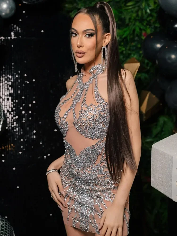 Femmes Sexy réservoir maille paillettes kaki Mini cristal diamants robe fête d'anniversaire Costume Bar discothèque scène Performance vêtements