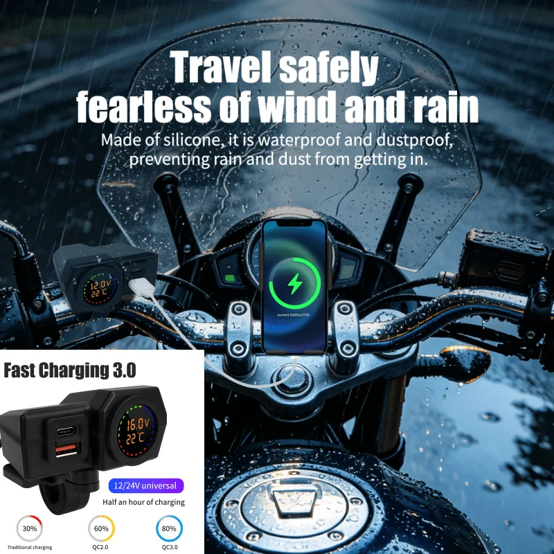 Motorcycle QC3.0 Square Dual Fast Charger Mirror Handle Style TYPEC USB Socket Voltmeter Waterproof Power Supply Adapter Kit 12V