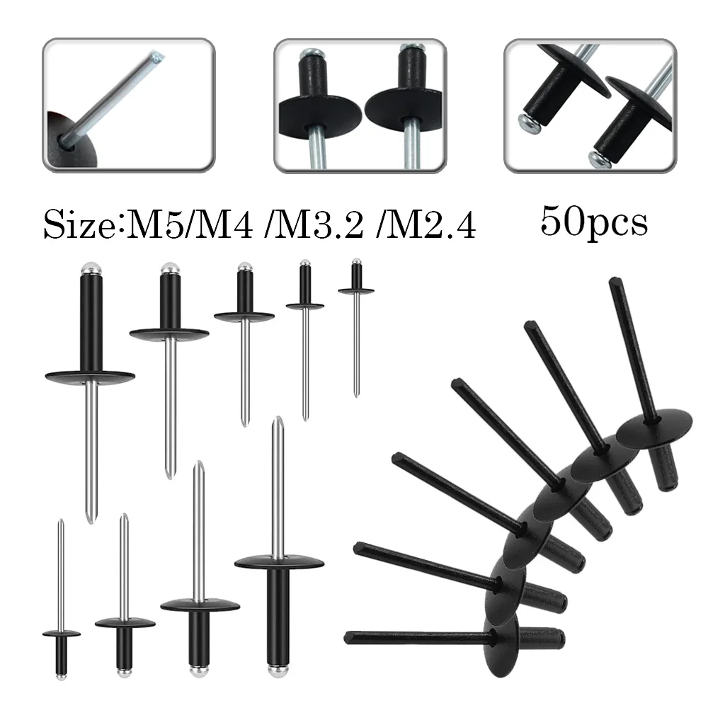 50pcs Black Aluminum Blind Rivets M2.4 M3.2M4 M5, Dome Head Rivets for Aluminum Sheet Steel Mandrel Exhaust