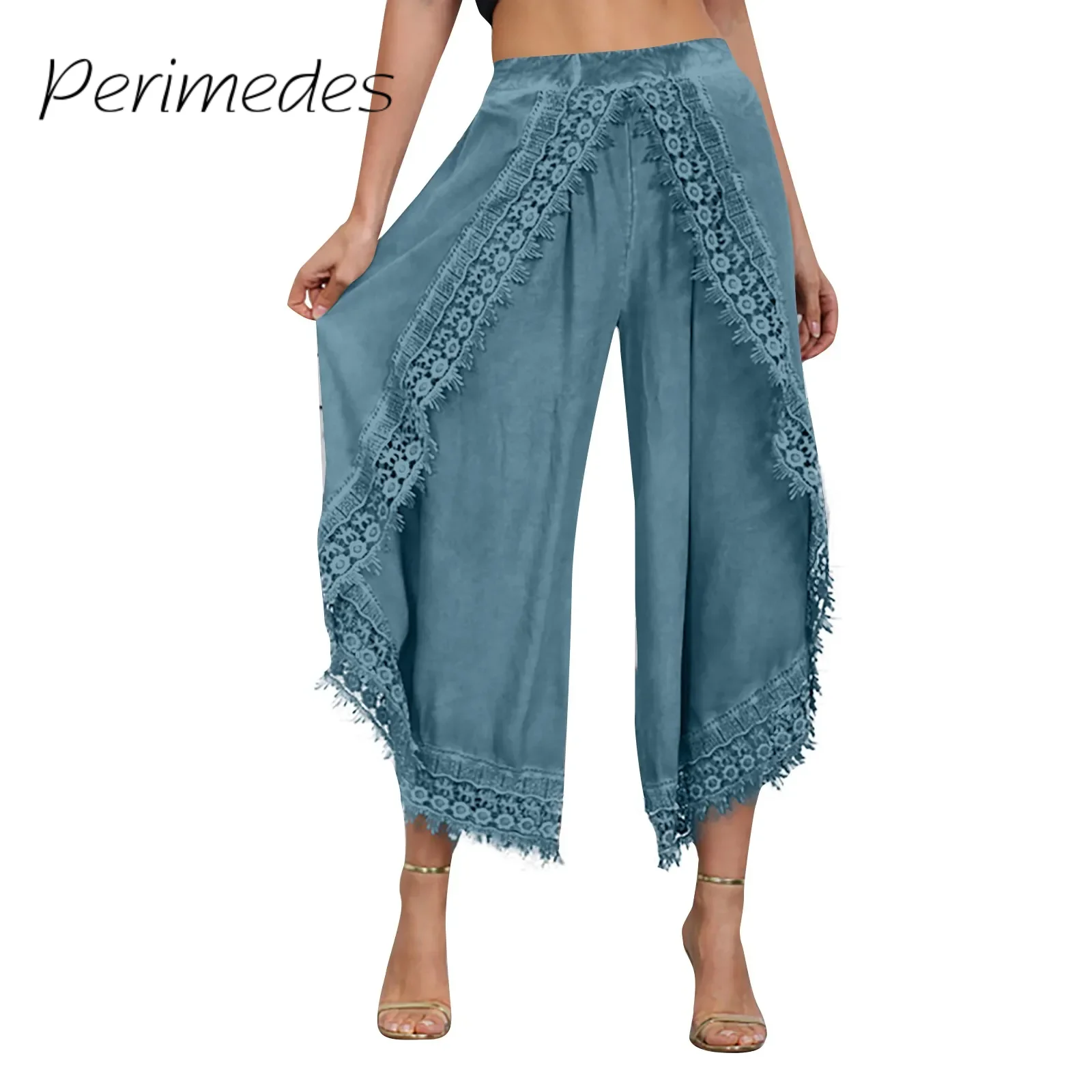 Summer New Women'S Pants Unique Lace Splicing Wide Leg Trousers Graceful High Waist Loose-Fitting Stylish Pants Fashionable