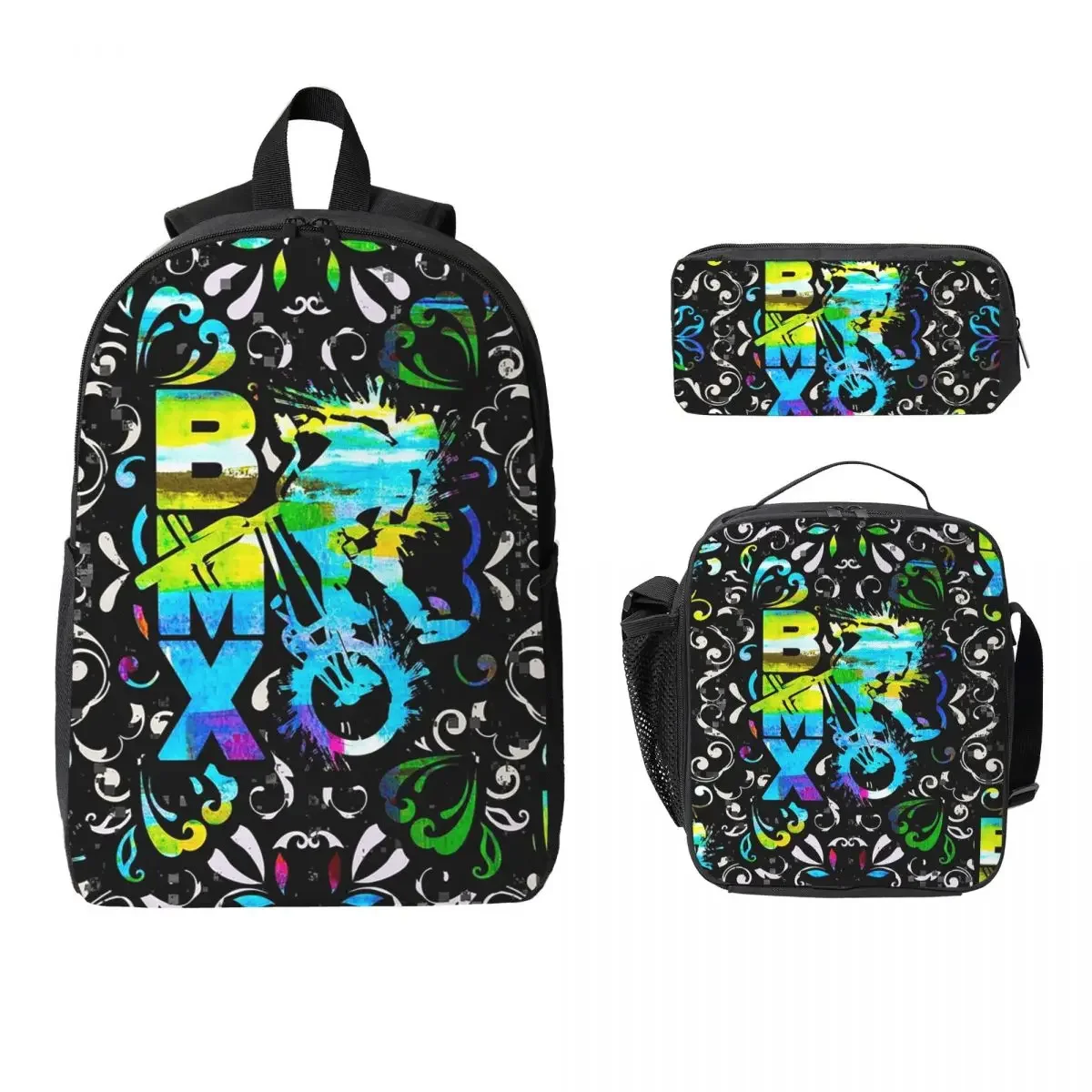 Bmx Apparel Bmx Freestyle Pattern Backpack Student Boy Girl BookBag School Bag Shoulder Bags 3ps Insulated Lunch Bag Pencil Case