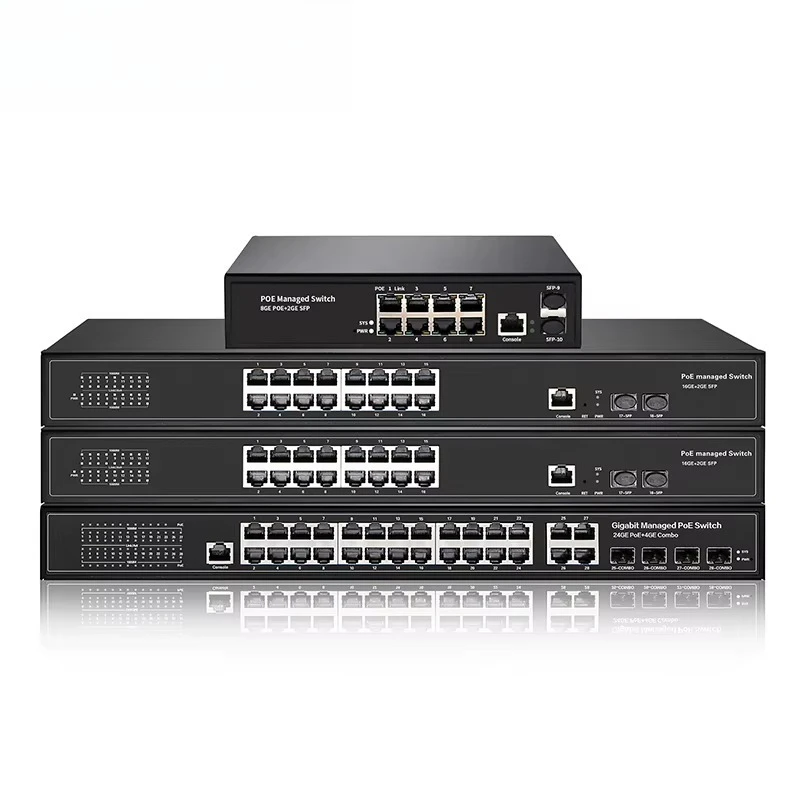 OEM ODM 48v Network Ethernet Fiber 2 SFP 10/100/1000M Full Gigabit L2 Managed 4 8 16 24 48 Port PoE Switch for CCTV