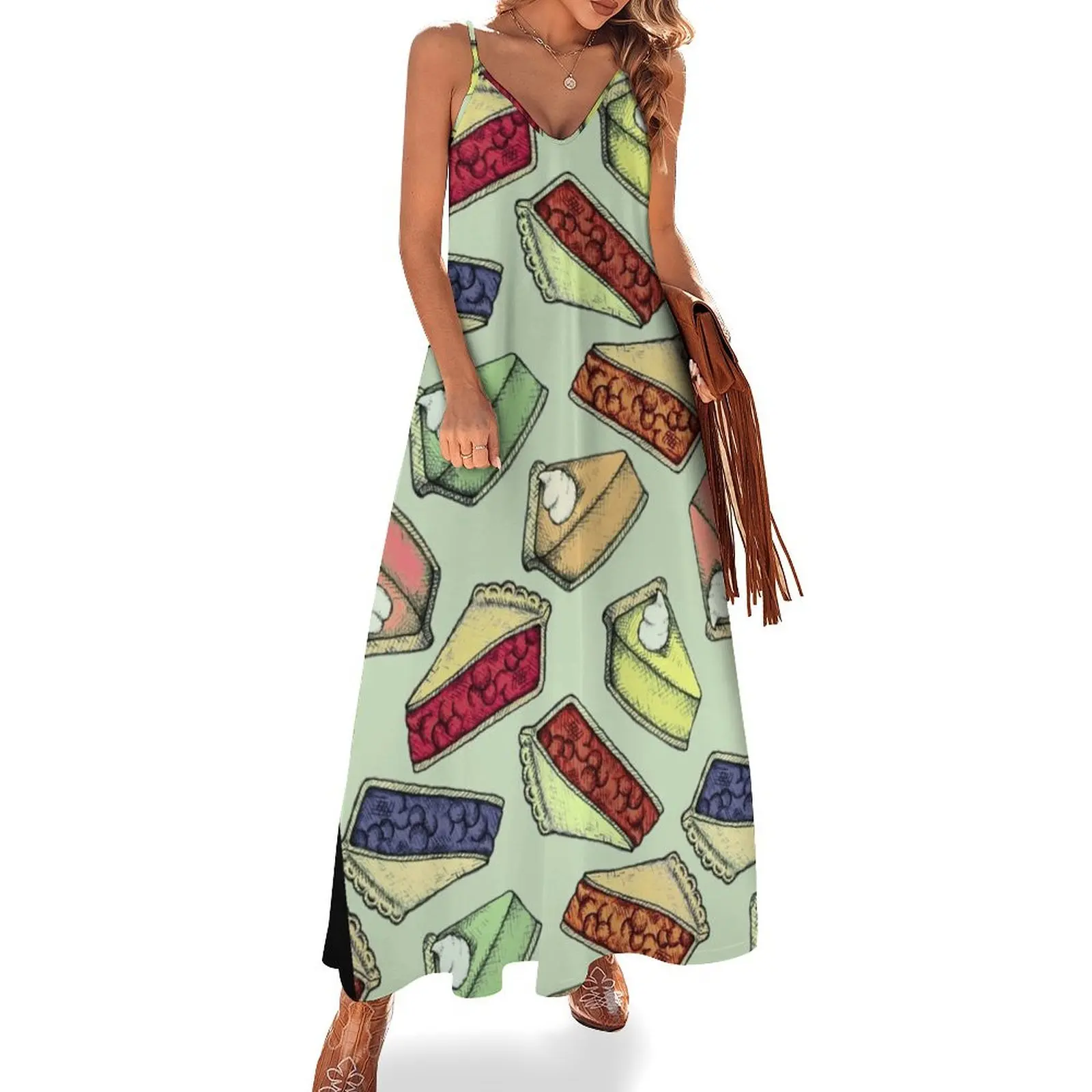 

Easy As Pie - cute illustrations of pie on sage green Sleeveless Dress Women's clothing dress for women Dress