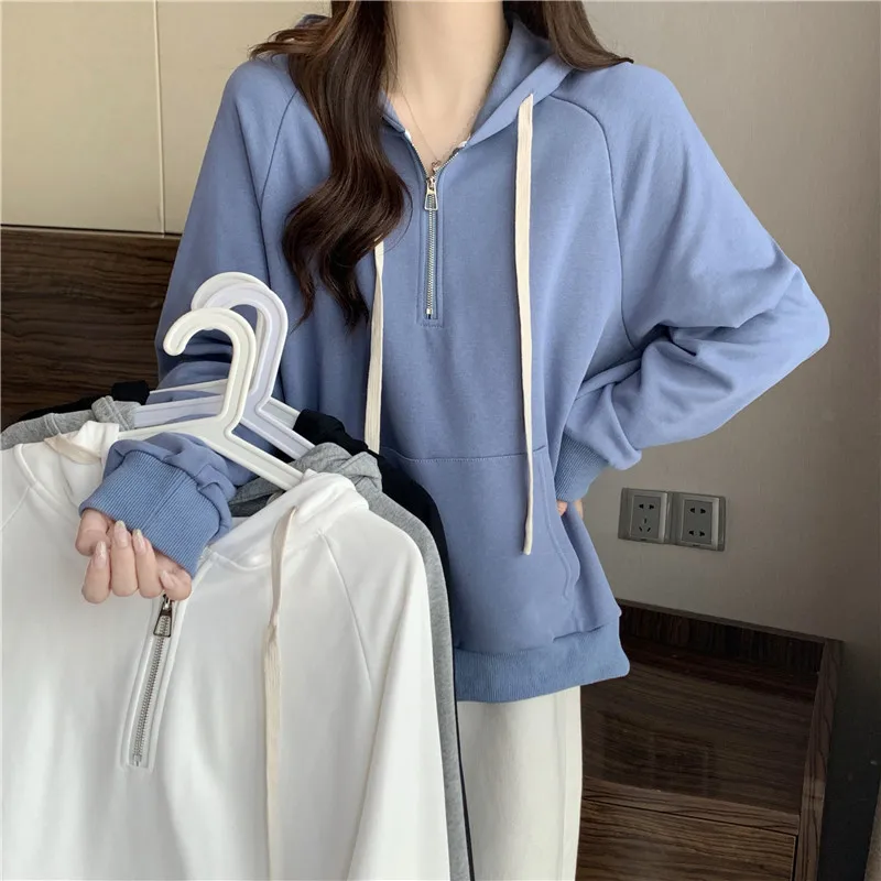 Hooded Fur Hoodies Y2K Woman Color-Block Spliced Gentle Cerulean Young Ruffled Fiber Medium Contrasting Terry Padded Grunge