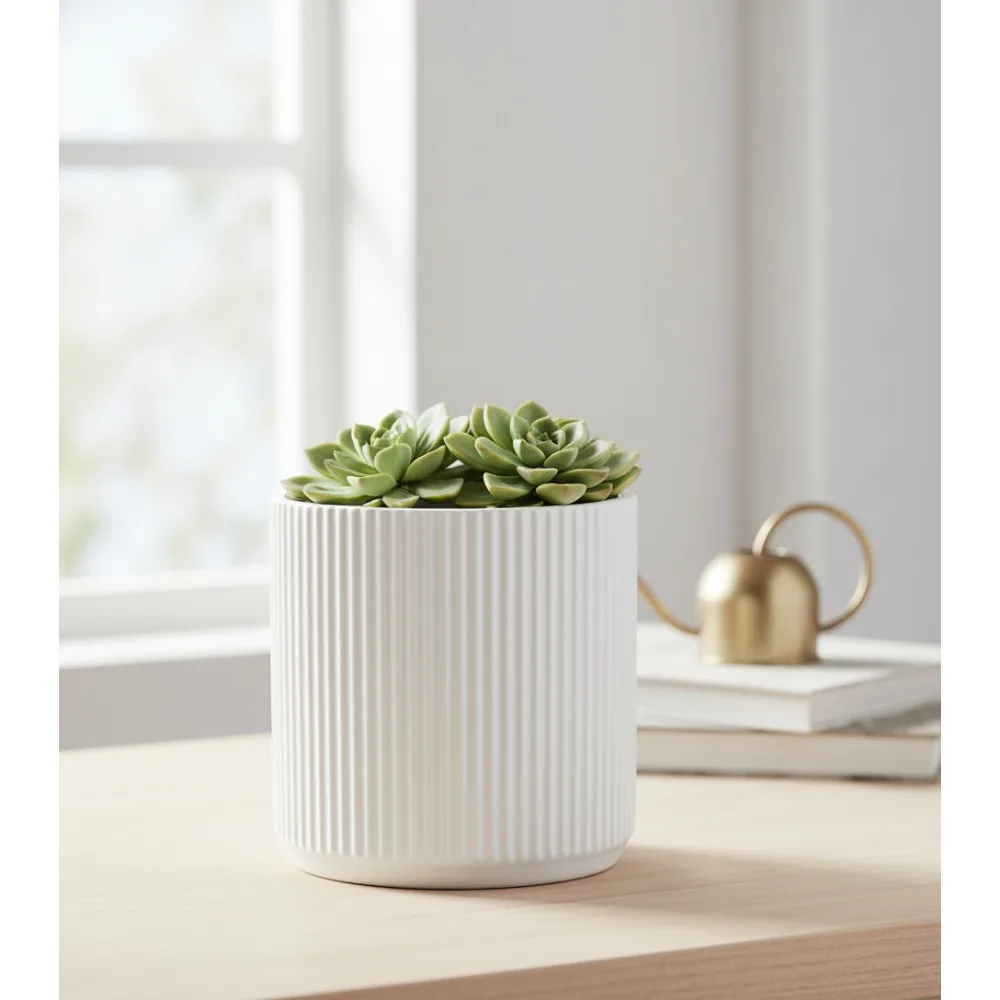 

8-дюймовый белый рифленый керамический горшок с дренажным отверстием — идеально подходит для суккулентов, трав и комнатных растений