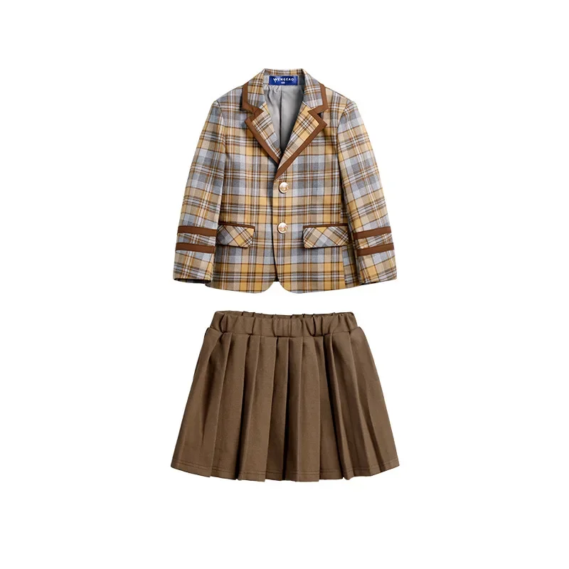 Child School Uniform Girls Korean Japanese Plaid Jacket Pleated Skirts Boys Blazers Formal Dress Suits Kids Student Clothes Sets