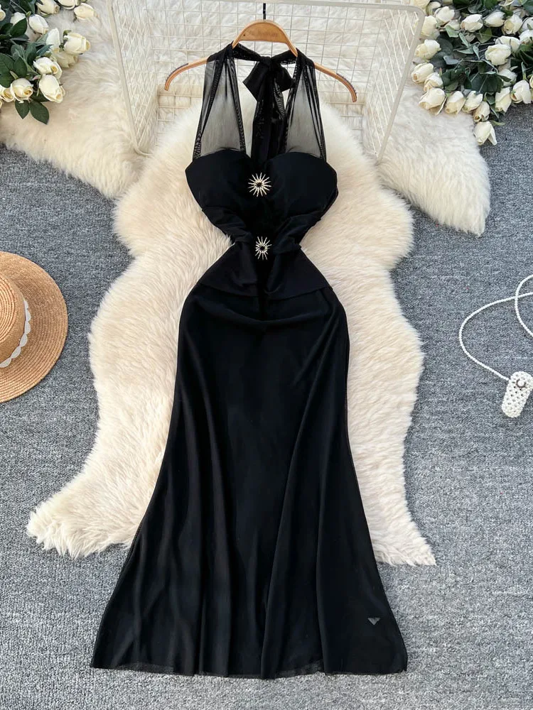 레이스 스플라이스 헤비 자수 메탈 블루 스트랩 여성용 하이웨이스트 A라인 드레스 슬림핏 출퇴근룩