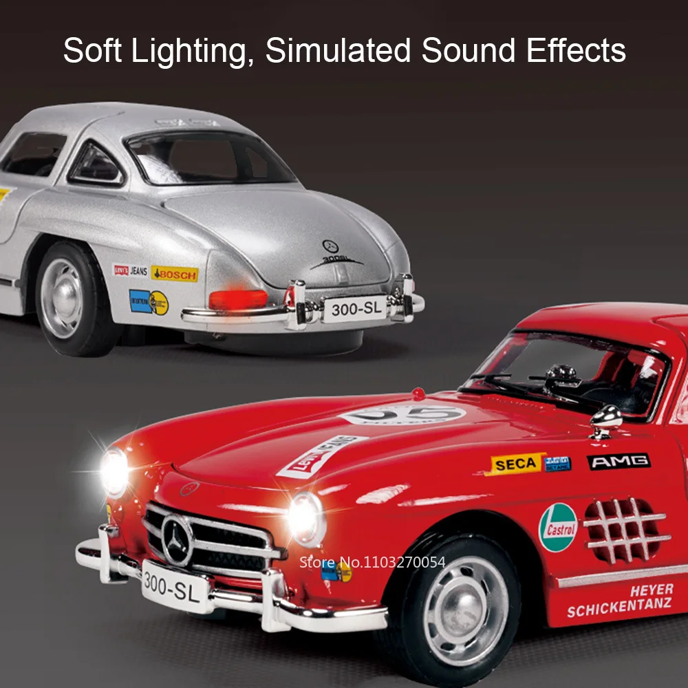 Voiture de sport en alliage 1:32 300SL, modèles moulés sous pression, jouets, corps en métal, son et lumière, portes coulissantes ouvertes, voitures miniatures pour enfants, cadeaux pour garçons