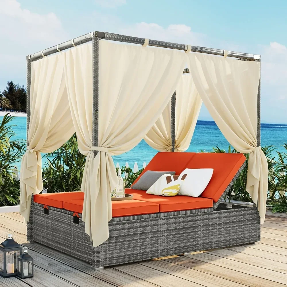 

Outdoor Daybed with Curtain Canopy Bed Patio Furniture Adjustable Sunbed Set All-Weather Rattan Sun Lounger Patio Wicker Sofa