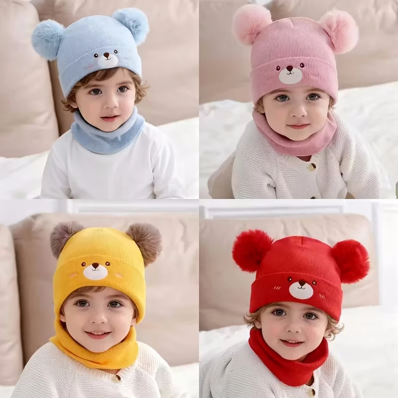 Baby-Strickmütze-Set mit besticktem Gesicht und Bommeln. Handwaschbares Baby-Mütze- und Schal-Set, perfekt für Herbst und Winter
