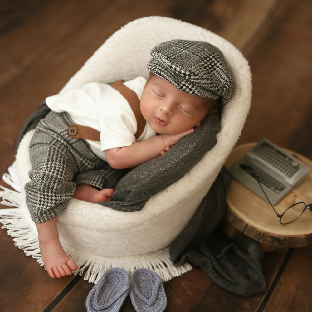 Newborn Boy Photography Outfit Little Gentleman Plaid Suspenders Set Newborn Photo Shoot Outfit Plaid Hat Infant Props