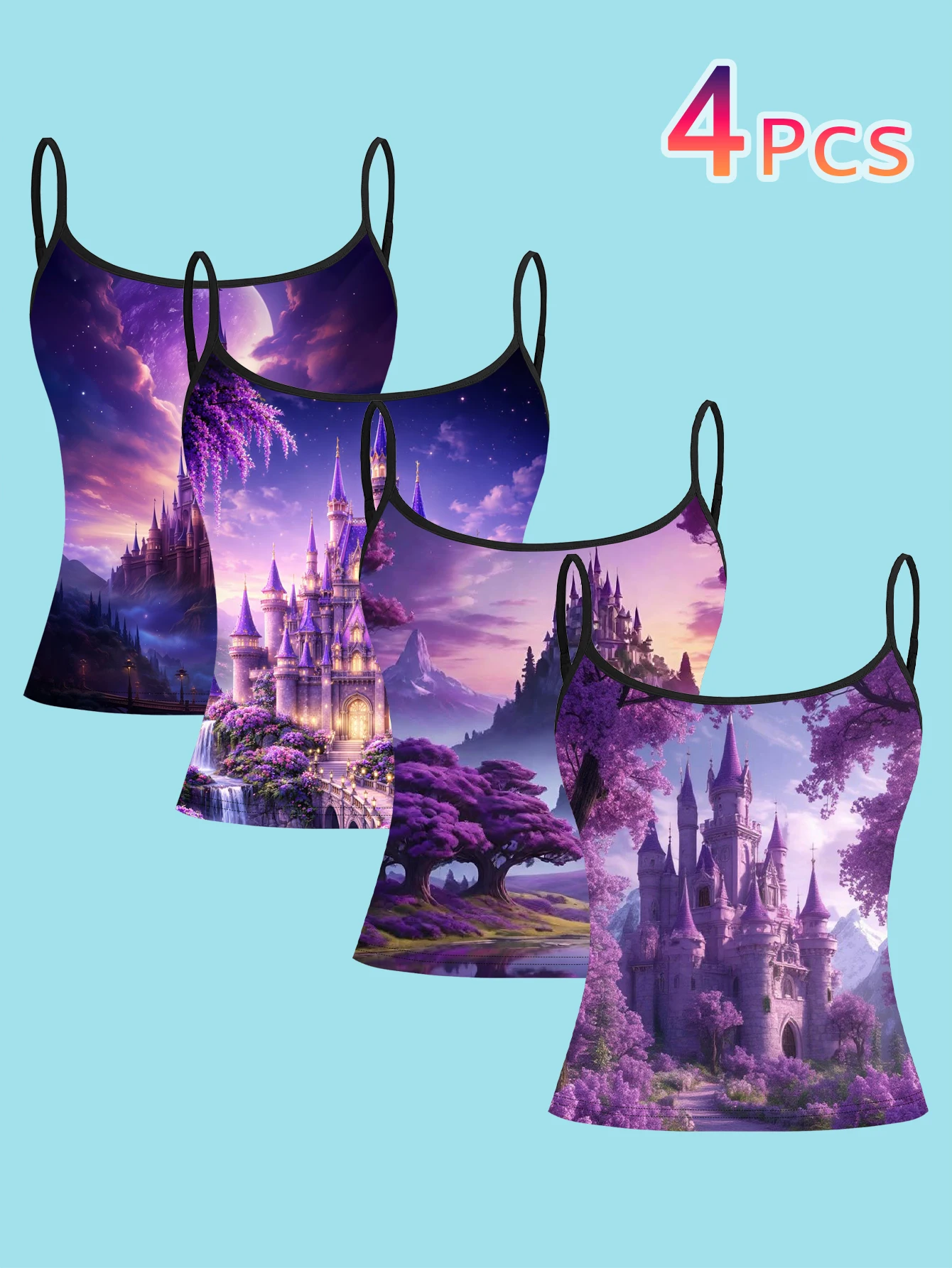 4-Piece Set of Wisteria Castle Night Scene Camisole Set, Zixia Waterfall Magic Castle Women's Slim-Fit Base Tank Top