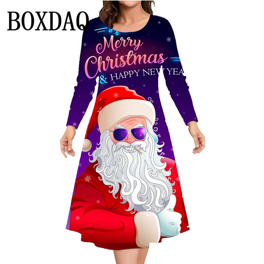 Women Party Dresses Elegant Fashion 3D Printed Dress Santa Claus Long Sleeve Christmas Winter Happy New Year Ladies A-Line Dress