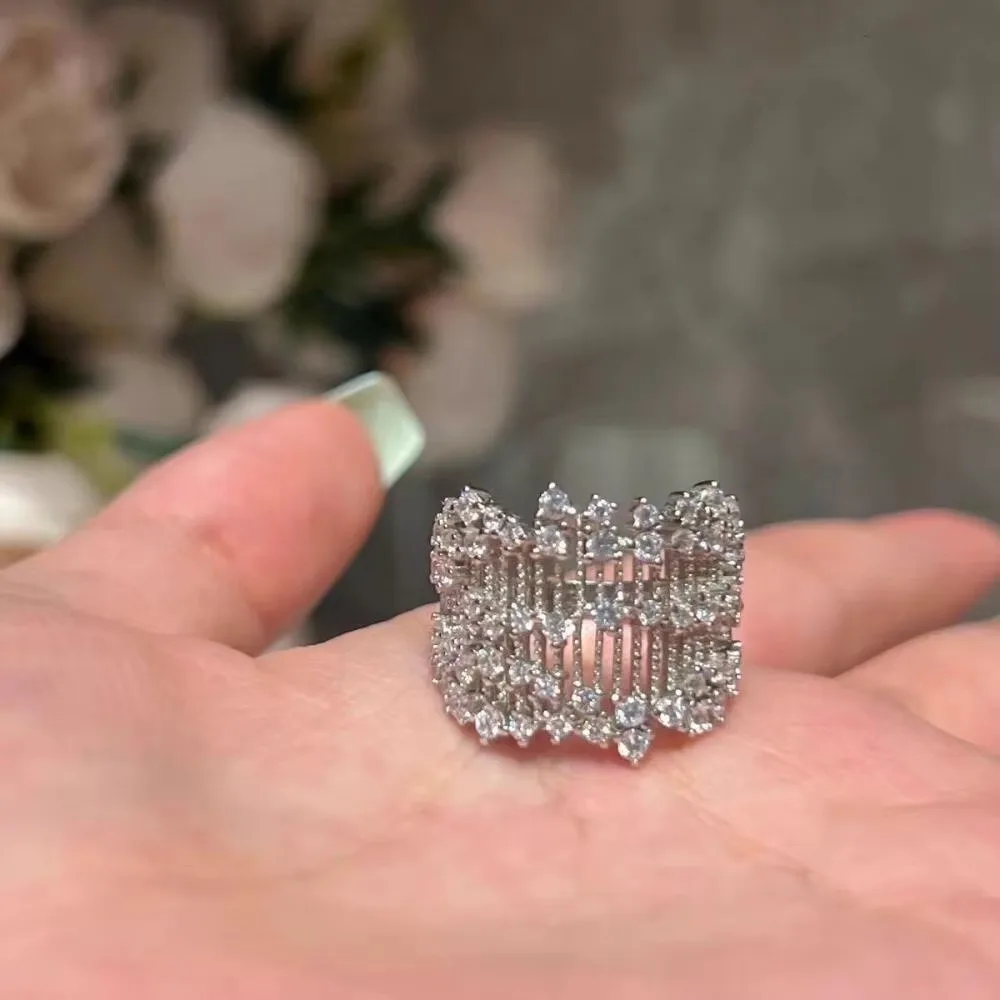 Adjustable Openwork Rhinestone Ring Rhinestone Openwork Setting Rhinestone Hollow Ring Palace Style Silver Tone