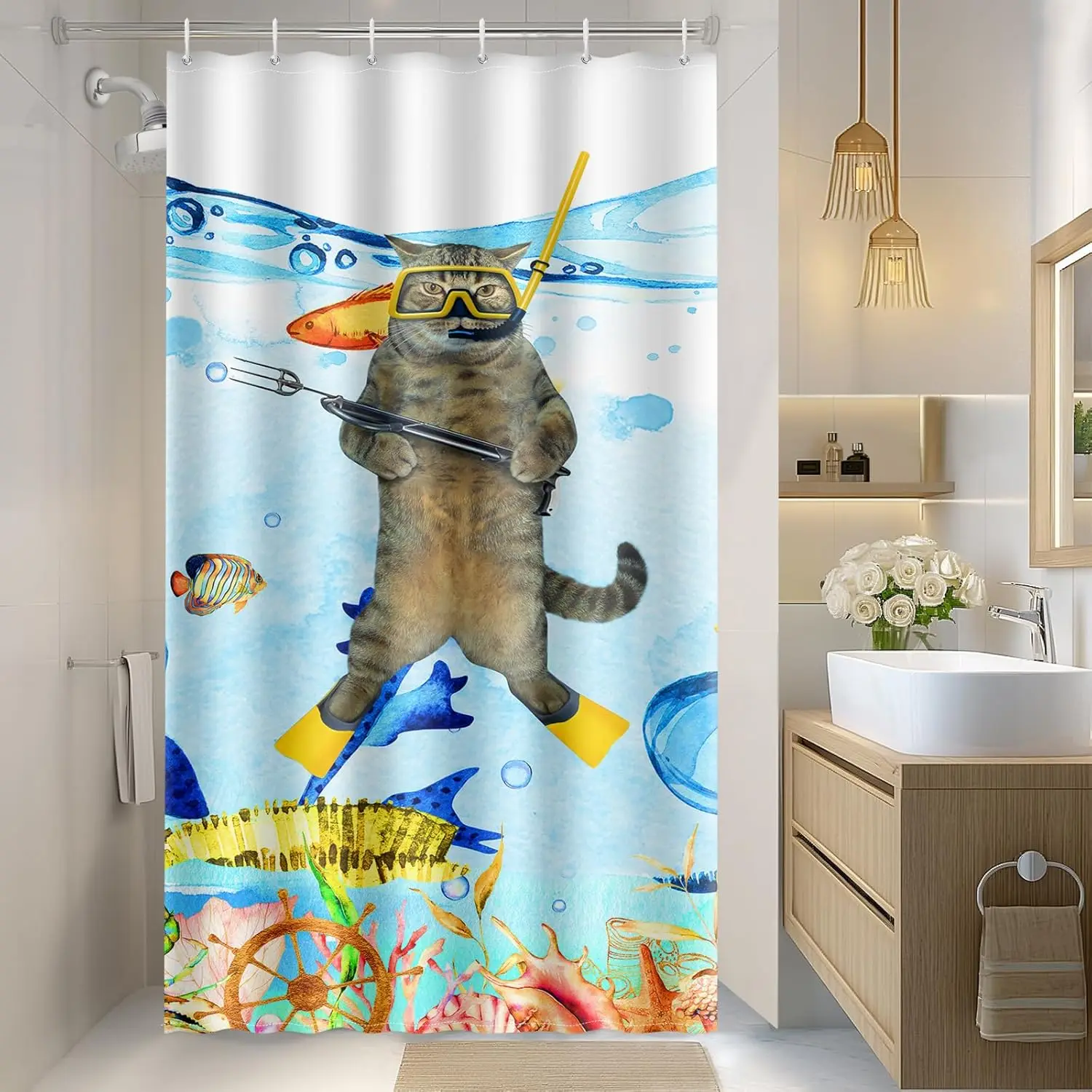 

Scuba Diving Cat Shower Curtain Funny Underwater Scene Bathroom Decor Humorous Animal Print Bath Curtain for Home Decoration
