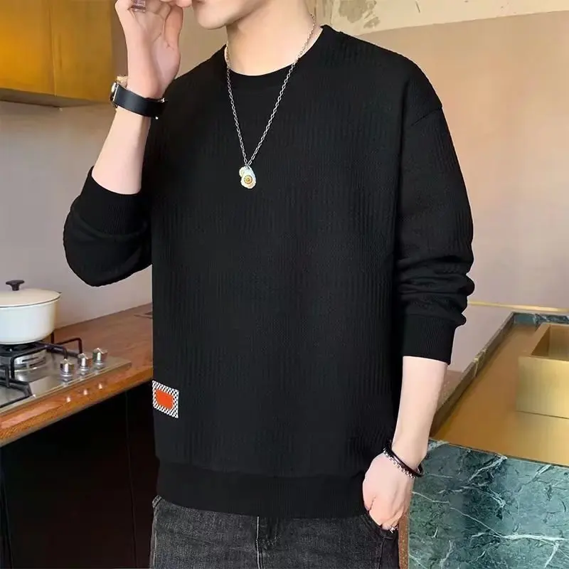 

Мужская футболка свободного кроя с длинным рукавом и круглым вырезом, повседневная базовая кофта в корейском стиле, весна-осень, новинка