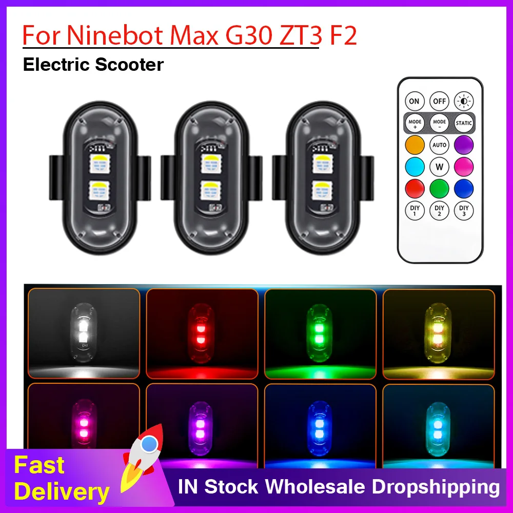 Scooter RGB LED Strobe Lights for Ninebot MAX G30 G2 G65 ZT3 E2 E3 F2 F3 F2PRO E22 8 Colors LED Flash Position Wireless Light