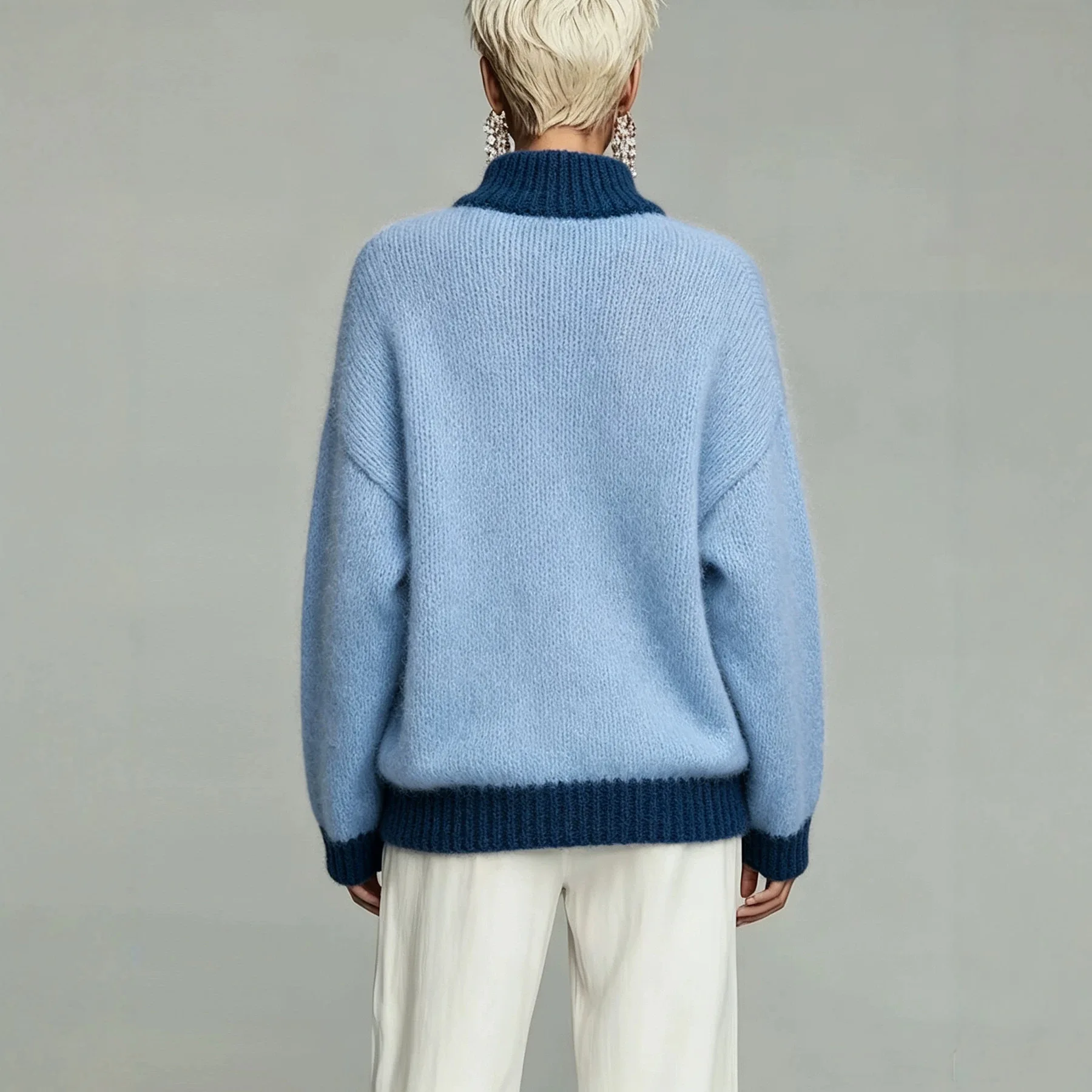 Women's Color Block Half Zip Sweater Stand Collar Contrast Trim Loose Oversized Long Sleeve Warm Knit Pullover Fall Winter Top