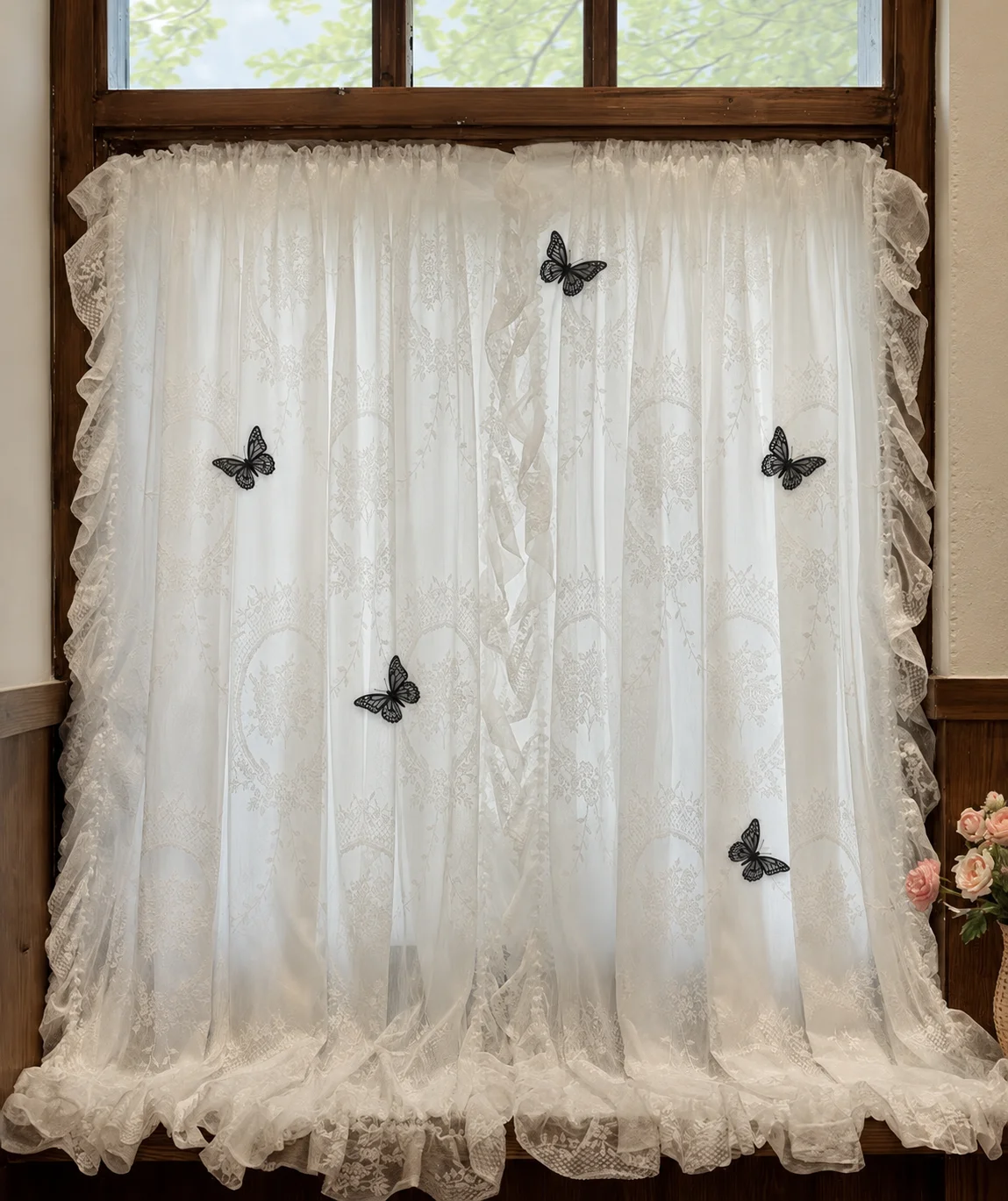 French Lace Blackout Sheer Curtains Princess Tulle Window Drapes Privacy Light Filtering Bedroom Living Room Butterfly