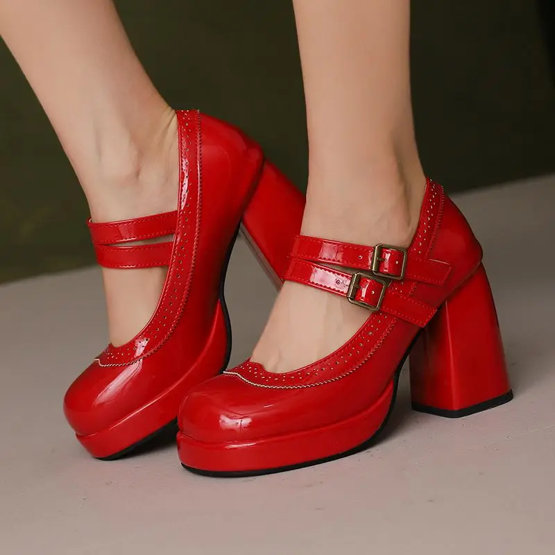 

Girseaby Женские туфли-лодочки с круглым носком на массивном высоком каблуке 9,5 см на платформе 2 см с пряжкой и ремешком Большой размер 42 43 44 Элегантные туфли для свиданий