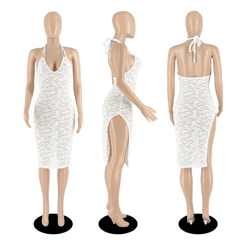 Guwu-女性の背中の開いたメッシュミディペンシルドレス,ハイサイドスリット,ホルターネック,セクシー,ナイトクラブ,イブニングパーティー