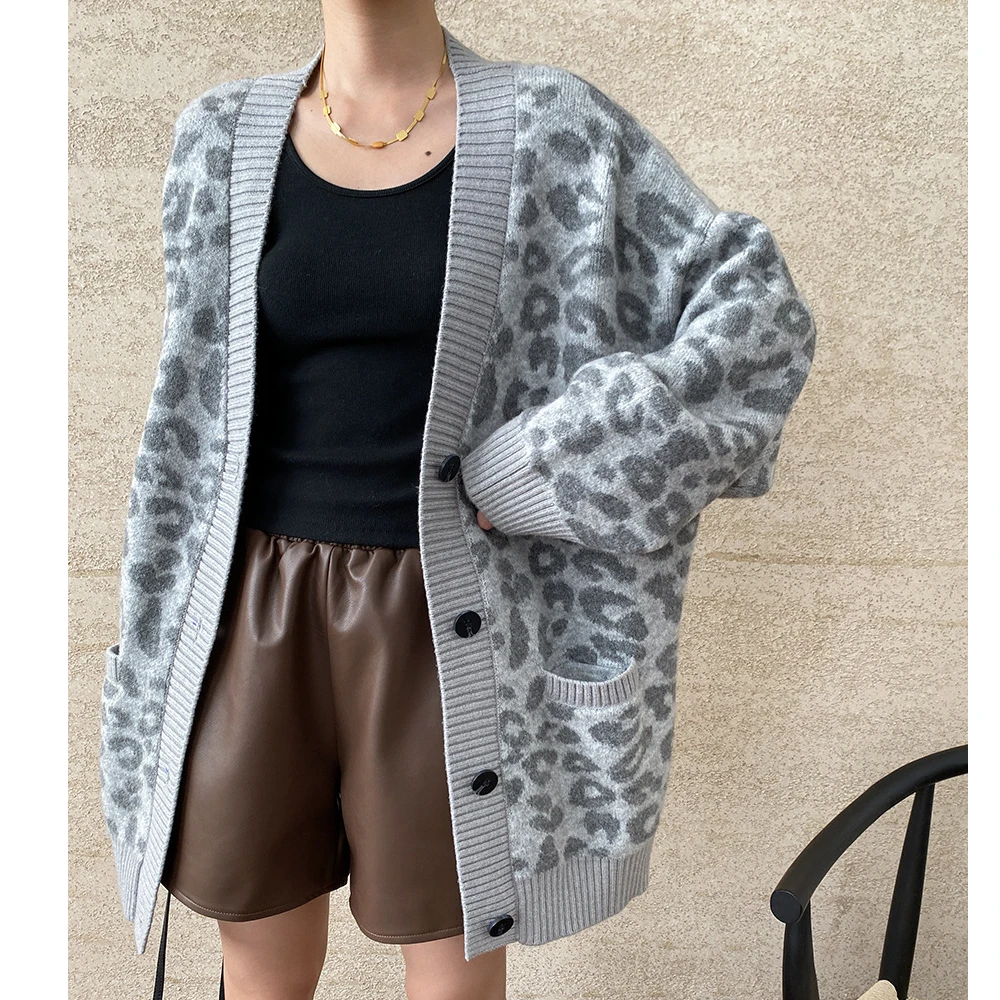 Women Autumn V-Neck Leopard Print Vintage Cardigans Coat Knitted Single Button Blue Sweater Women Winter Cape Clothes Tops