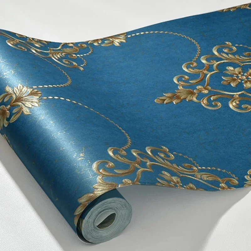 Rollo de papel tapiz Damasco de lujo de estilo europeo, papel tapiz de decoración de pared engrosado no tejido en relieve 3D para sala de estar y