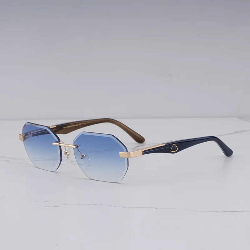 

Classic Men's Diamond Cut Rimless Sunglasses High Street Gradient Blue Square Sunies Male Top Quality Acetate Solar Glasses