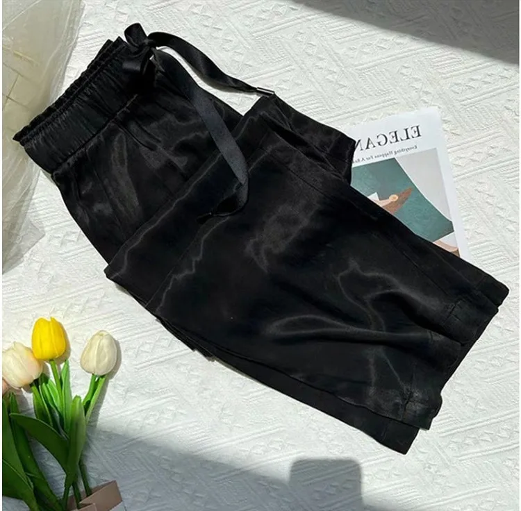 Calças Femininas de Verão em Tamanho Grande, de Seda Gelada, Corte Largura, Estilo Casual, Fibra de Cobre e Amônia