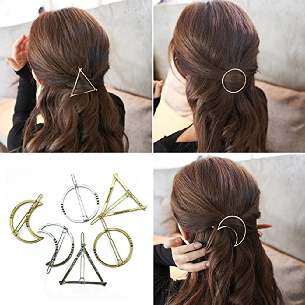 

6pcs Minimalist Gold Silver Hollow Geometric Metal Hairpin Hair Clip Clamps with Circle Triangle Moon Shape