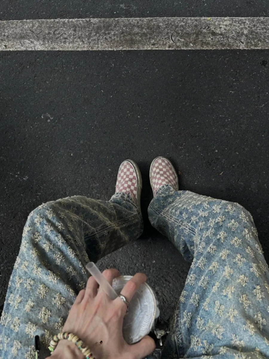 

Синие мужские джинсы в американском стиле High Street с вышивкой, свободного прямого кроя, модные повседневные брюки с высокой талией, длинные штаны