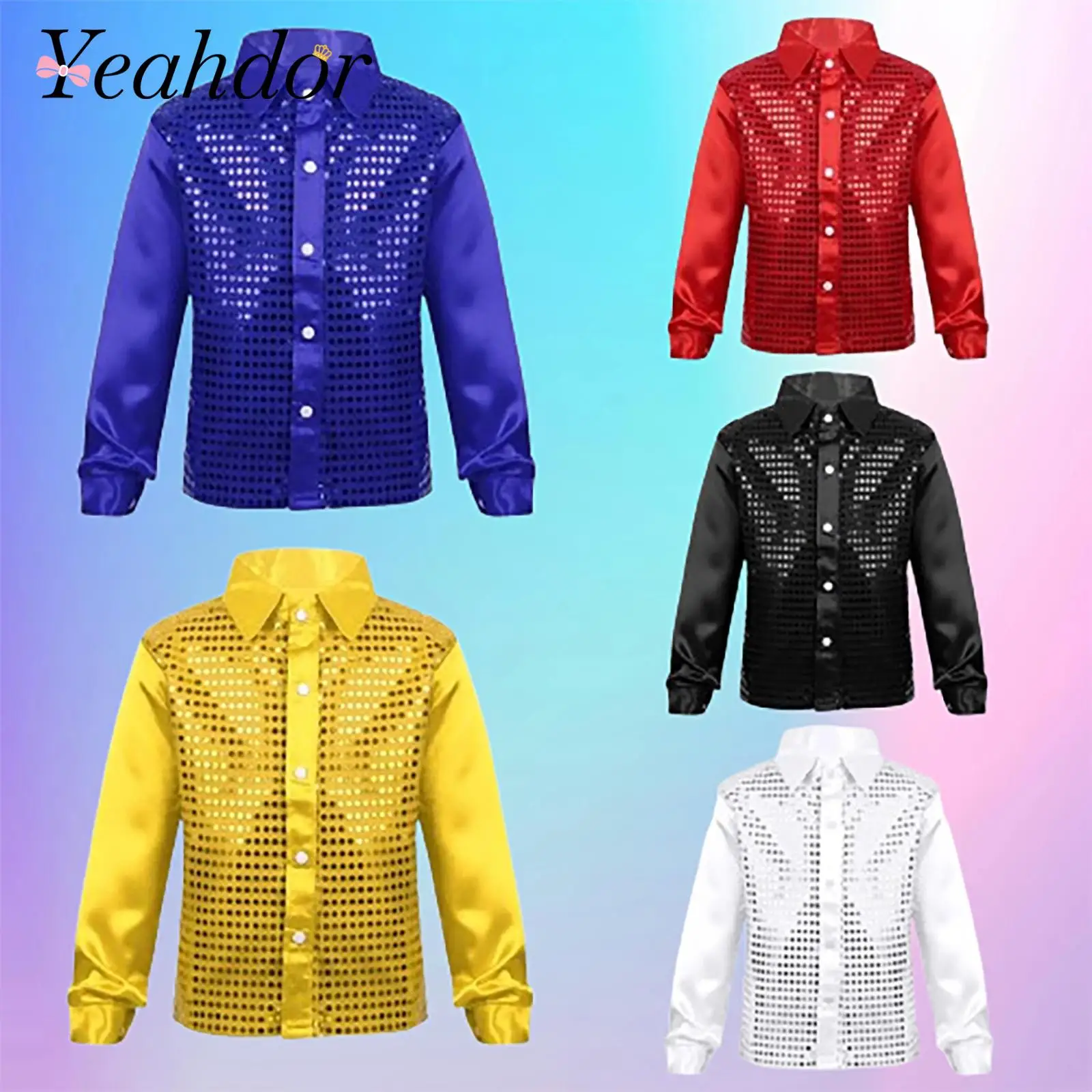 Camisas con lentejuelas para niños, camisa brillante de manga larga, Tops, camisas con botones, trajes de baile de Jazz de coro a la moda, ropa de actuación