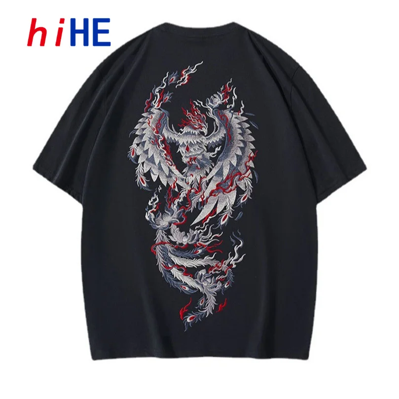 New Short-Sleeve T-Shirt For Men Heavy Phoenix Embroidery Oversize Large Size Chinese Brand Pure Cotton Half Sleeves D038A1