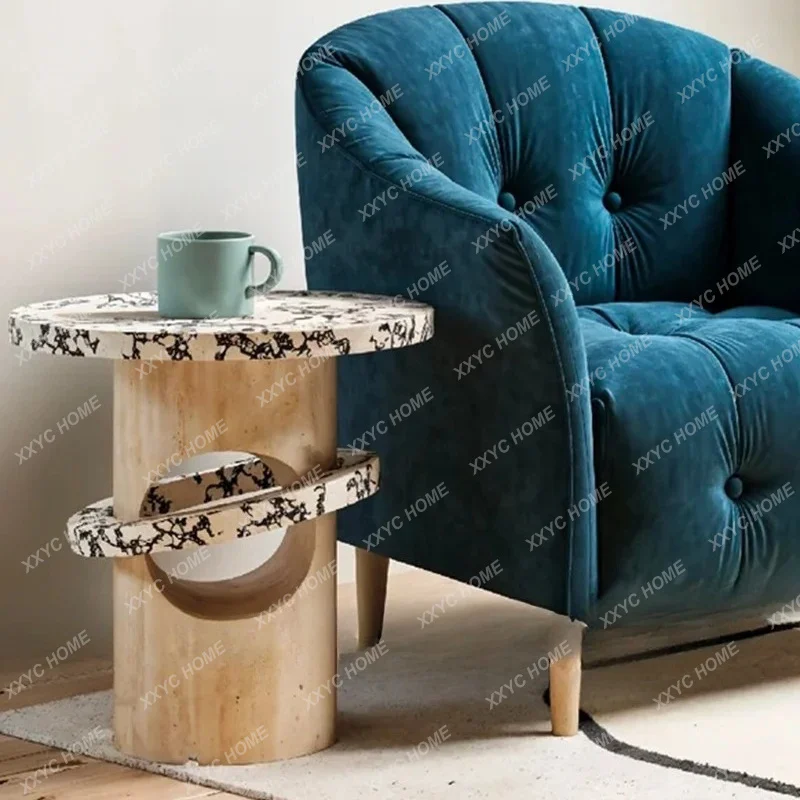 

Style High-End Marble Side Table Modern Creative Living Room Bedroom Round Travertine Small Coffee Table