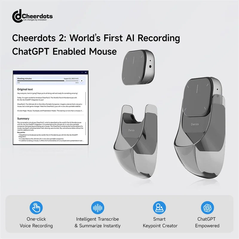 AI Mouse Cheerdots 2 Detachable Silent Wireless Mice,Touchpad Pock AI Recording ChatGPT Mouse Business Office Mouse Gaming Mouse