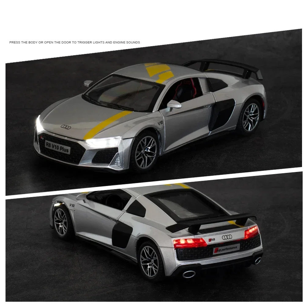 1:32 Audi R8 V10 Plus supercar alliage voiture modèle moulé sous pression en métal jouet véhicule son et lumière retirer Simulation Collection cadeaux