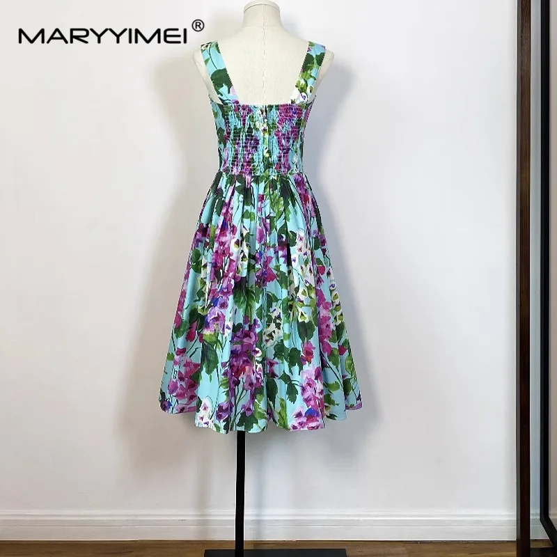 MARYYIMEI Fashion Women Pure cotton dress Spaghetti Strap Green leaf  Floral-Print Holiday Pure cotton Dresses