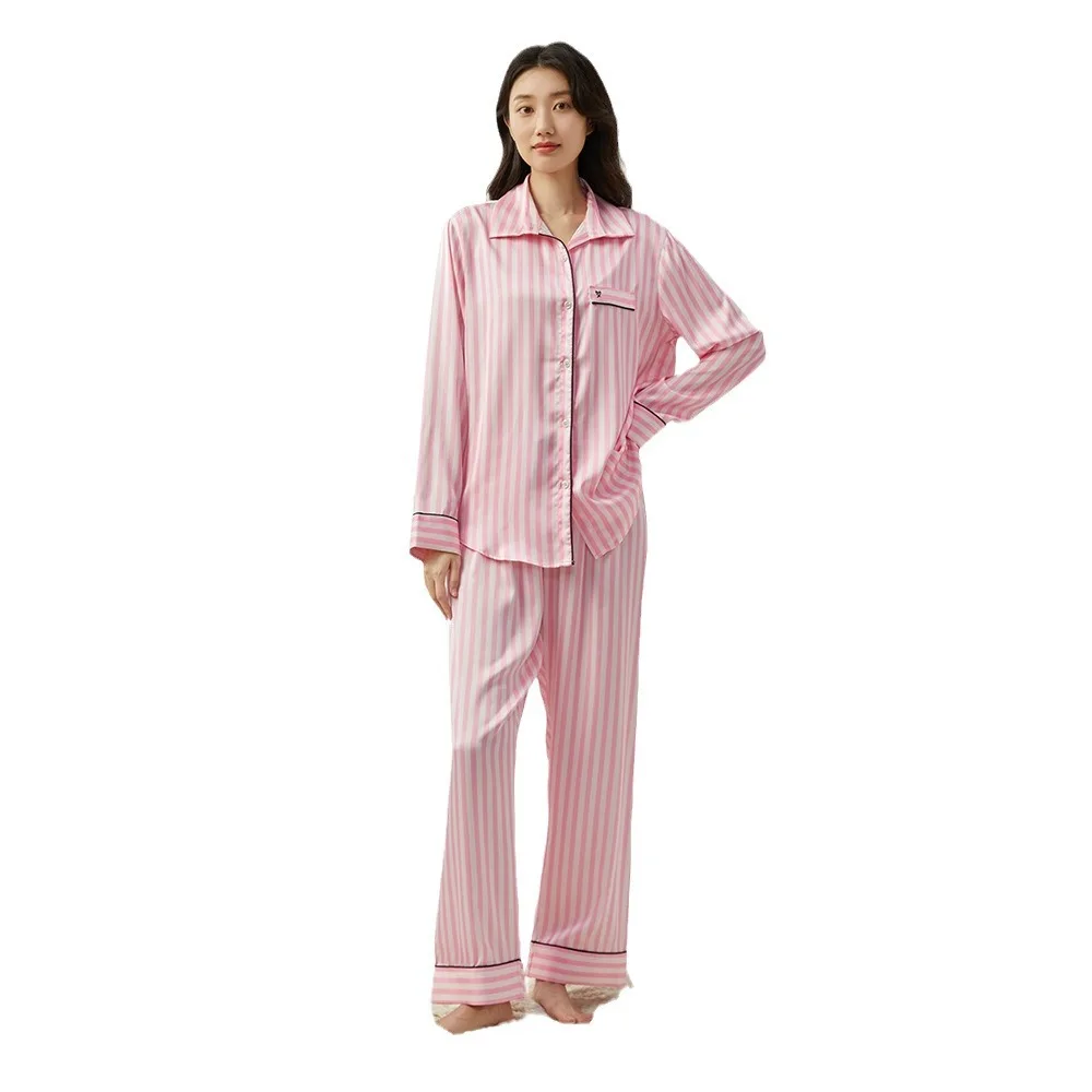 Secret Same Shirt Collar Striped Jacquard Pajamas Women\'s  Long Sleeve Pants Set Homewear Cover