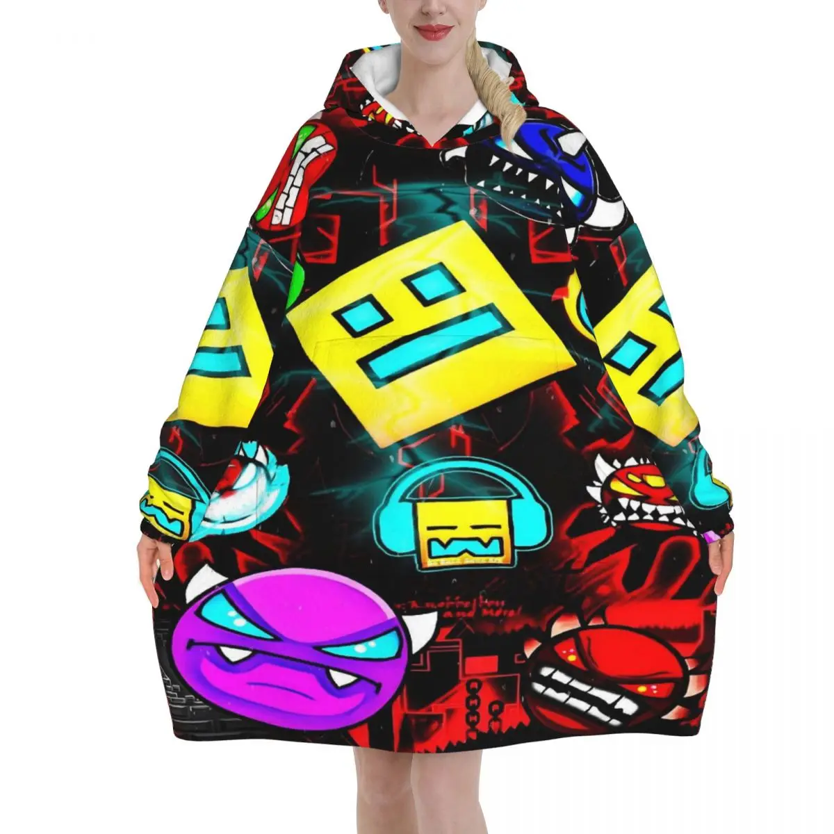 Geometry Dash Games Wearable Blanket Hoodie for Women Men Oversized Sweatshirt Blanket with Pocket