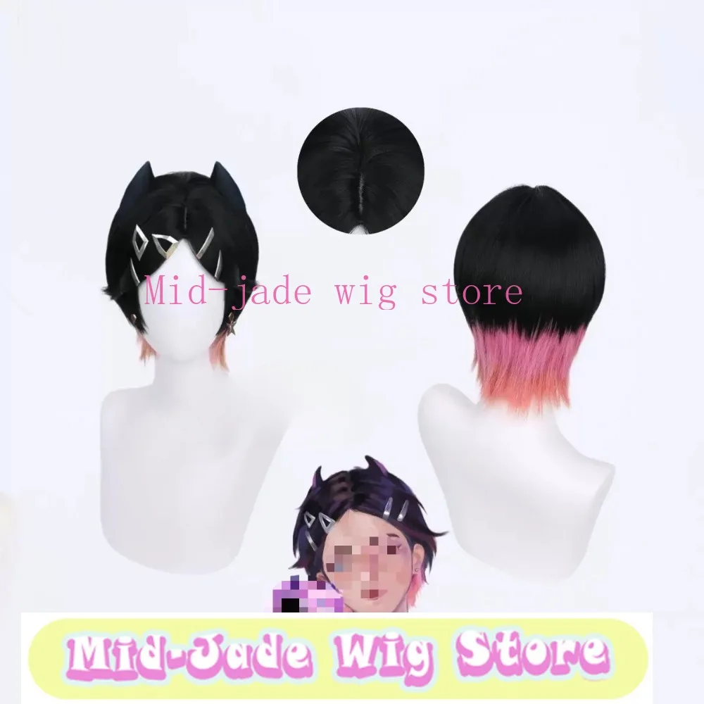 Mudié Cosplay Wig Middle Part Gradient Short Hair Realistic Scalp Top Rose Net Synthetic Hairpiece for Convention Event