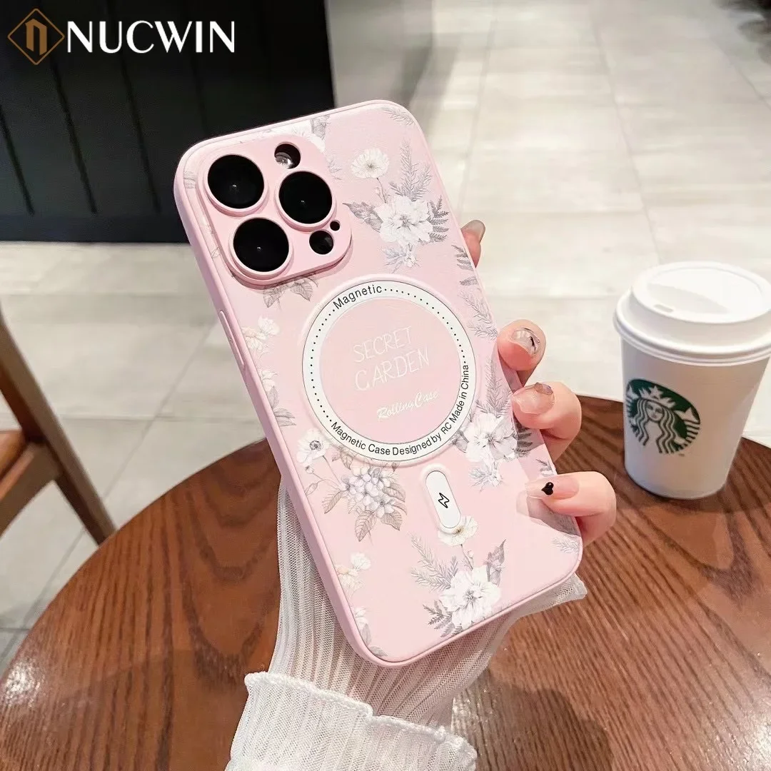 Flower Printing Magnetic Suction Applicable iPhone 16 Lens Film Phone Case iPhone iPhone 11 13 12 14 15Pro Max Wireless Charging