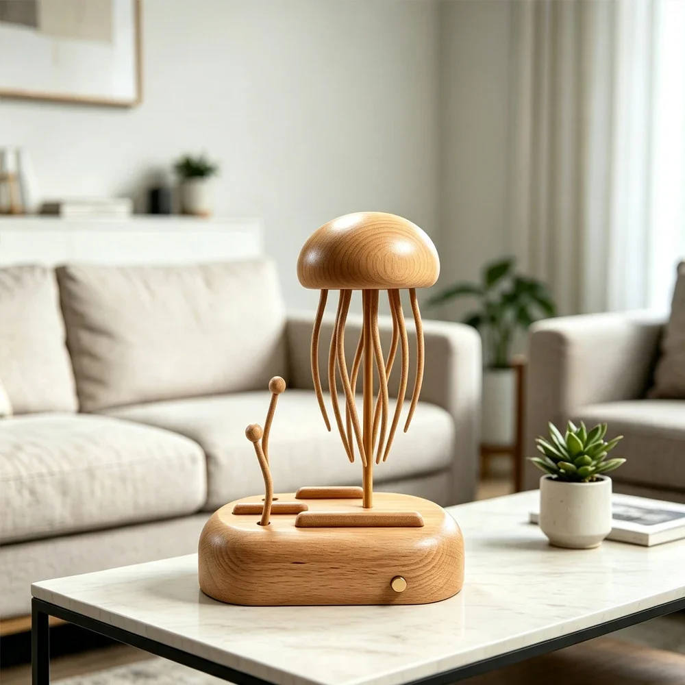 Ocean Themed Kinetic Jellyfish Sculpture, Wooden Dynamic Model, Calming Desktop Decor for Working Space, Premium Gift for Lovers