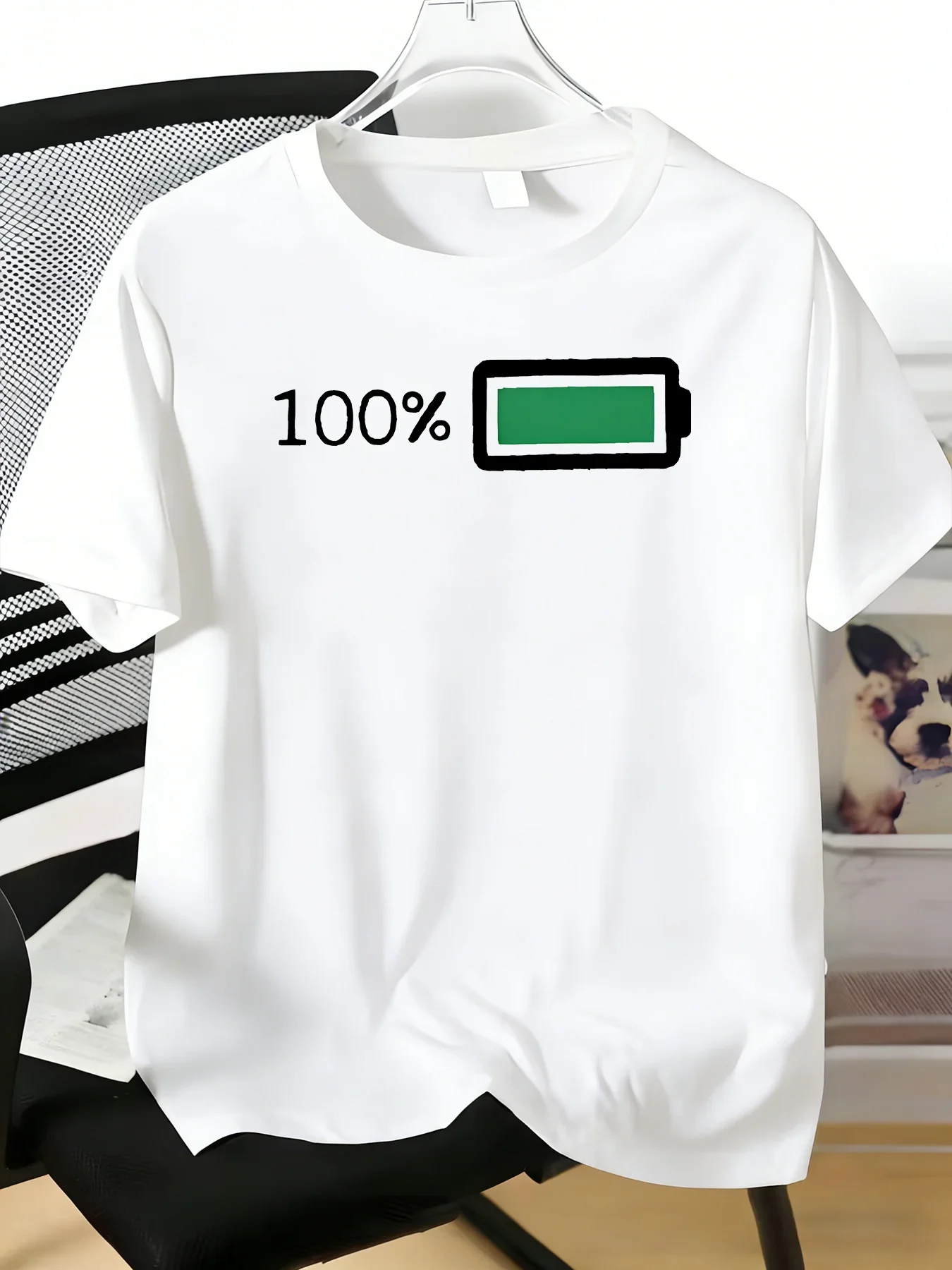 Men Royal Blue Crew Neck Tee 100 Percent Full Battery Minimal Graphic Soft Short Sleeve Funny Tech Street Daily Loose Male Tops