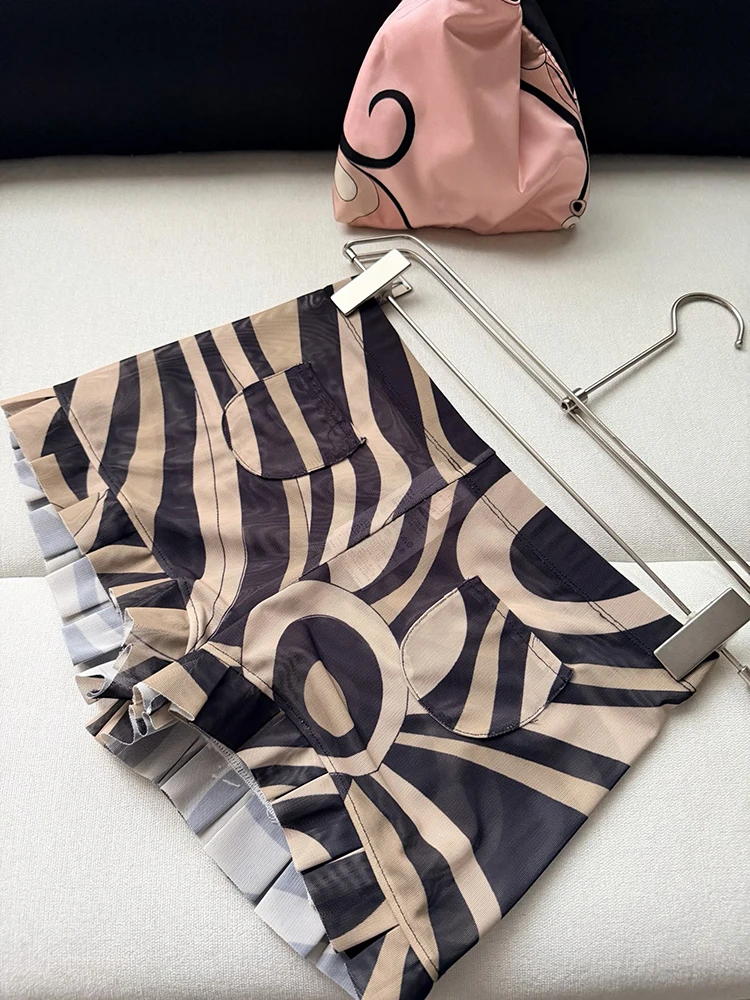 Summer Fashion Vintage Geometric Print Sexy Slim Shorts Women's Party Middle Waist Pocket Straight Barrel Flounces Hem Shorts