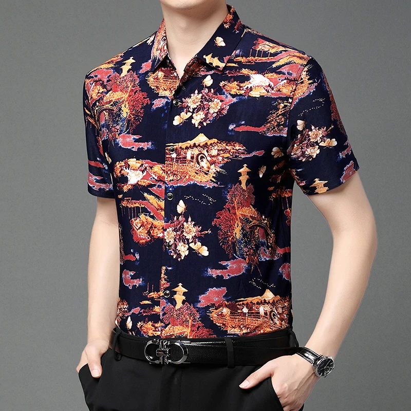 Printed shirt short sleeved Polo shirt 2024 men's business casual retro ethnic clothing Asian size M-4XL